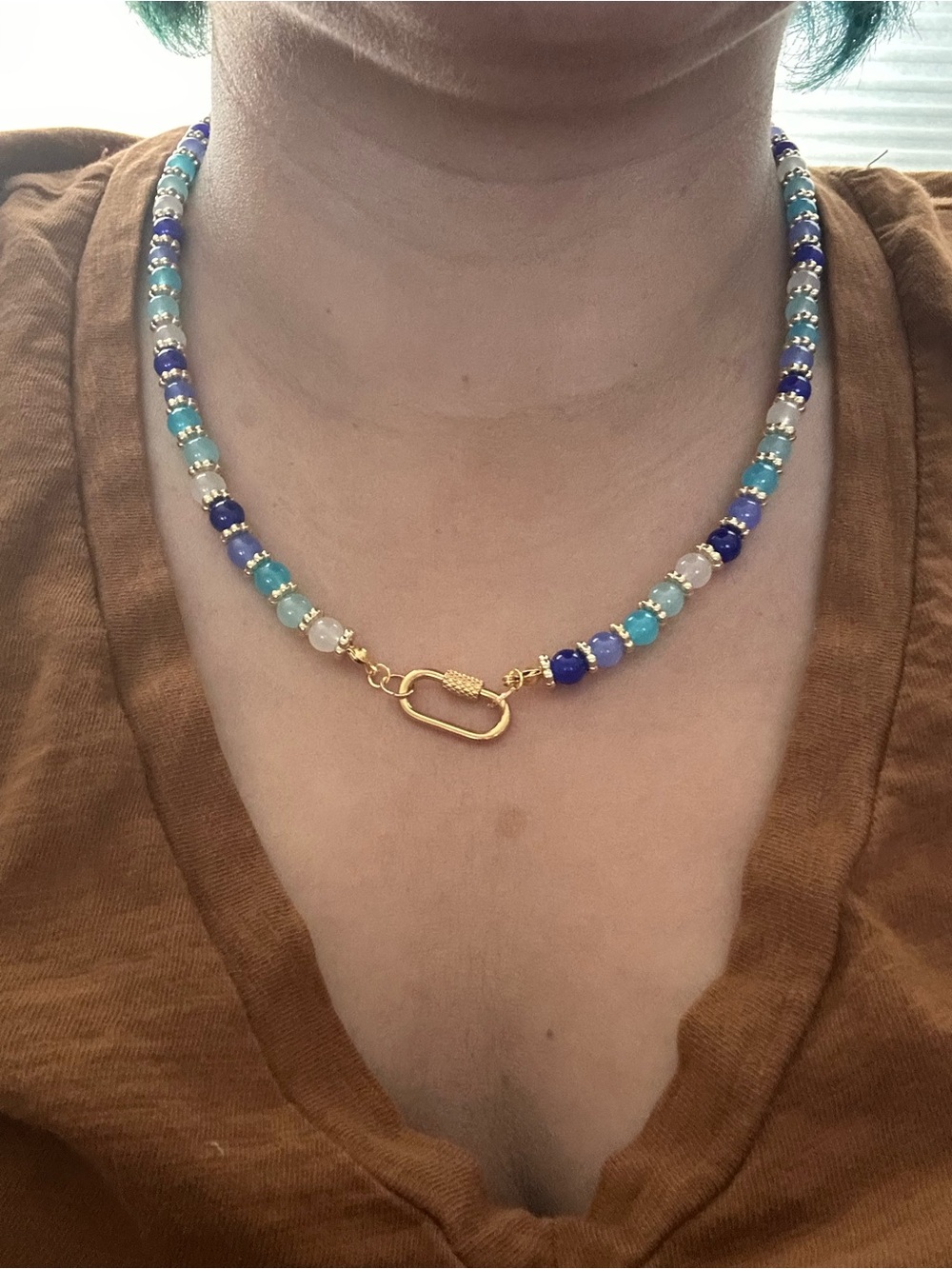 Gold-Close Beaded Necklace with Blue, Aqua and White Gemstones